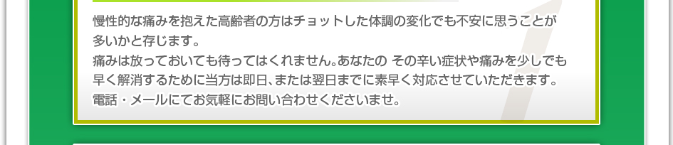 慢性的な痛みを抱えた高齢者の方はチョットした体調の変化でも不安に思うことが多いかと存じます。痛みは放っておいても待ってはくれません。あなたのその辛い症状や痛みを少しでも早く解消するために当方は即日、または翌日までに素早く対応させていただきます。電話・メールにてお気軽にお問い合わせくださいませ。