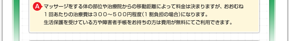 マッサージをする体の部位や治療院からの移動距離によって料金は決まりますが、おおむね1回あたりの治療費は300~500円程度(1割負担の場合)になります。生活保護を受けている方や障害者手帳をお持ちの方は費用が無料にてご利用できます。